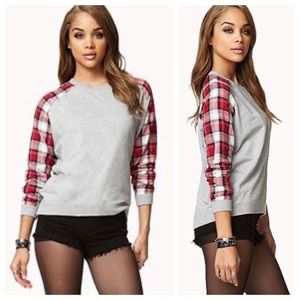 FOREVER 21 Gray Sweatshirt with Red Plaid Sleeves - Small
